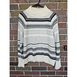 Chaps Ivory & Grey Striped Fair Isle Mock Turtleneck Sweater Pullover Large